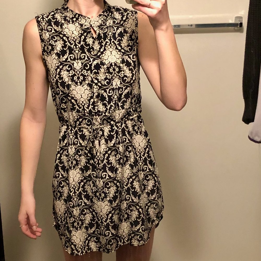 Blue and White  Button Up Paisley Mini Dress with Belt